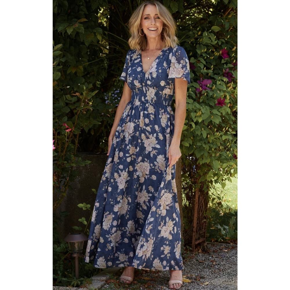 Baltic Born Birdie Maxi Dress Blue Blush Floral Large Wedding Guest Photoshoot - Picture 3 of 14